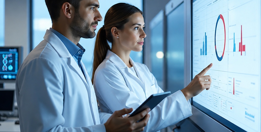 Illustration of a care team reviewing a shared patient record